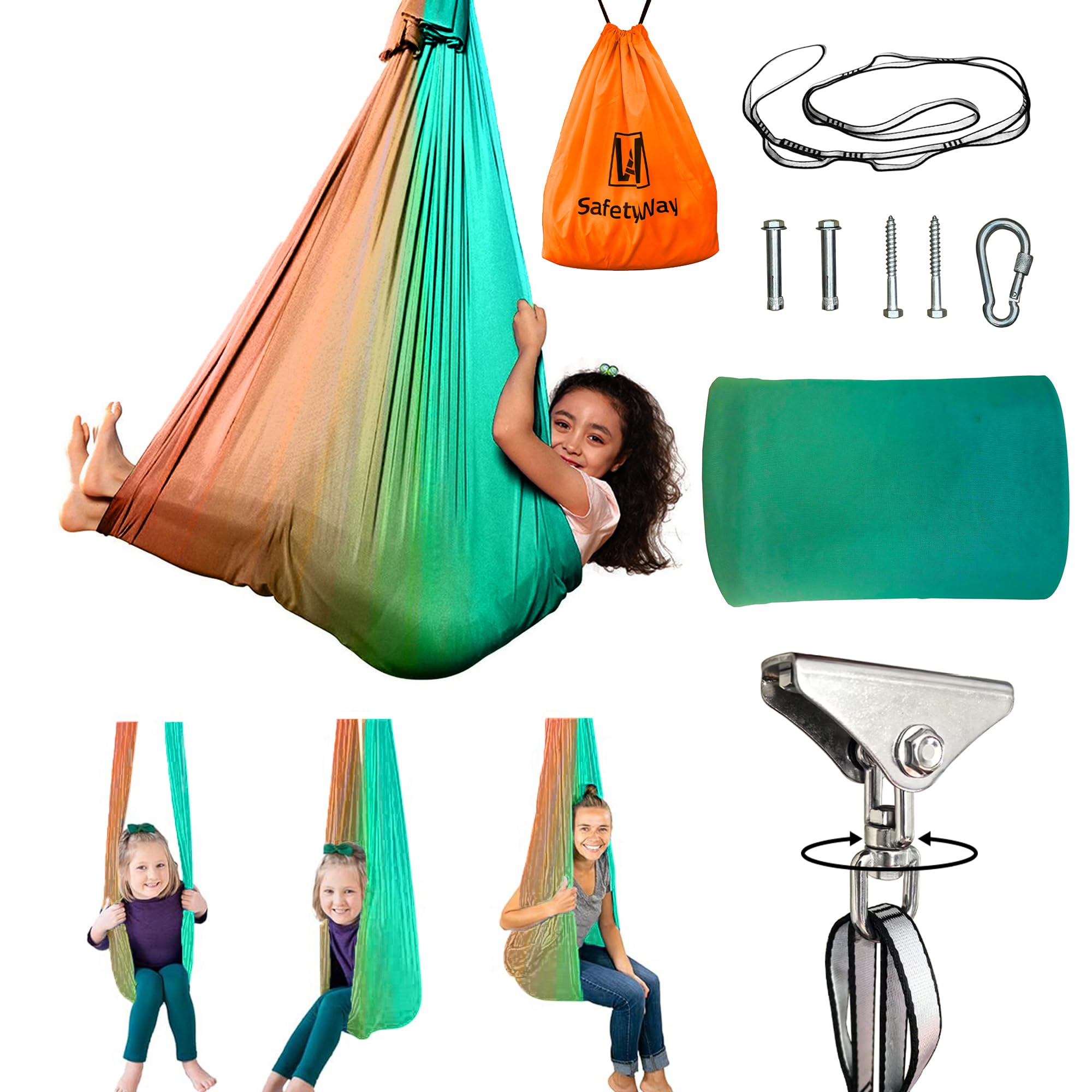 SafetyWayDouble Layer Sensory Swing for Kids & Adults | Indoor Therapy Swing with 360° Swivel Hanger Kit & Holds up to 220lbs | Sensory Joy Therapy Swing Hammock - 140" x 150" (Blue-Orange)