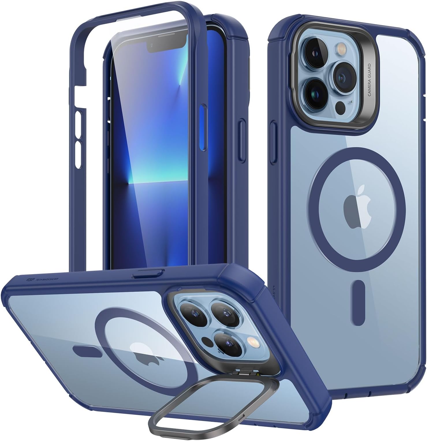 ESR for iPhone 13 Pro Max Case with Stand, Compatible with MagSafe, Full-Body Military-Grade Drop Proof Case with Built-in 9H+ Tempered Glass Screen Protector, Armor Series, Clear Dark Blue