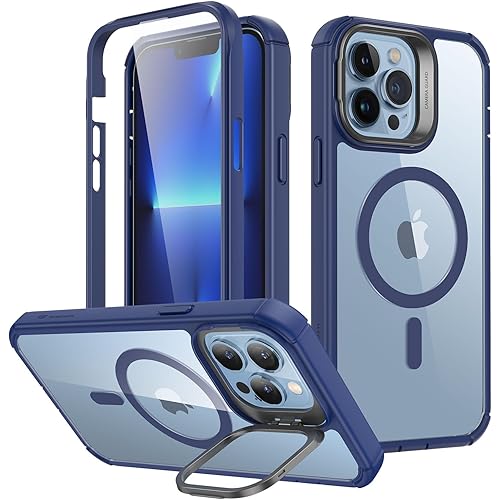 ESR for iPhone 13 Pro Max Case with Stand, Compatible with MagSafe, Full-Body Military-Grade Drop Proof Case with Built-in 9H+ Tempered Glass Screen Protector, Armor Series, Clear Dark Blue | with Stand, Full-Body, Military-Grade, Drop Proof Case, with Built-in