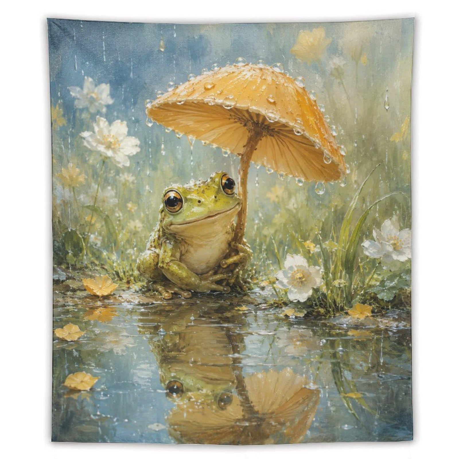 H3B8U2Y5 Umbrella Frog Wildflower Wall Tapestry, Ukiyo-e Style, Quiet Water