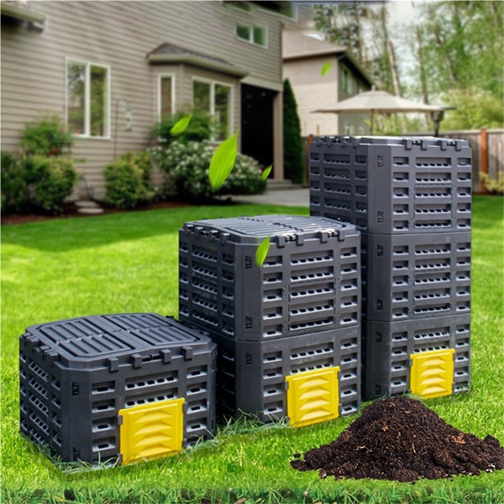 Three sizes of Gilubfckin compost bins in a garden setting