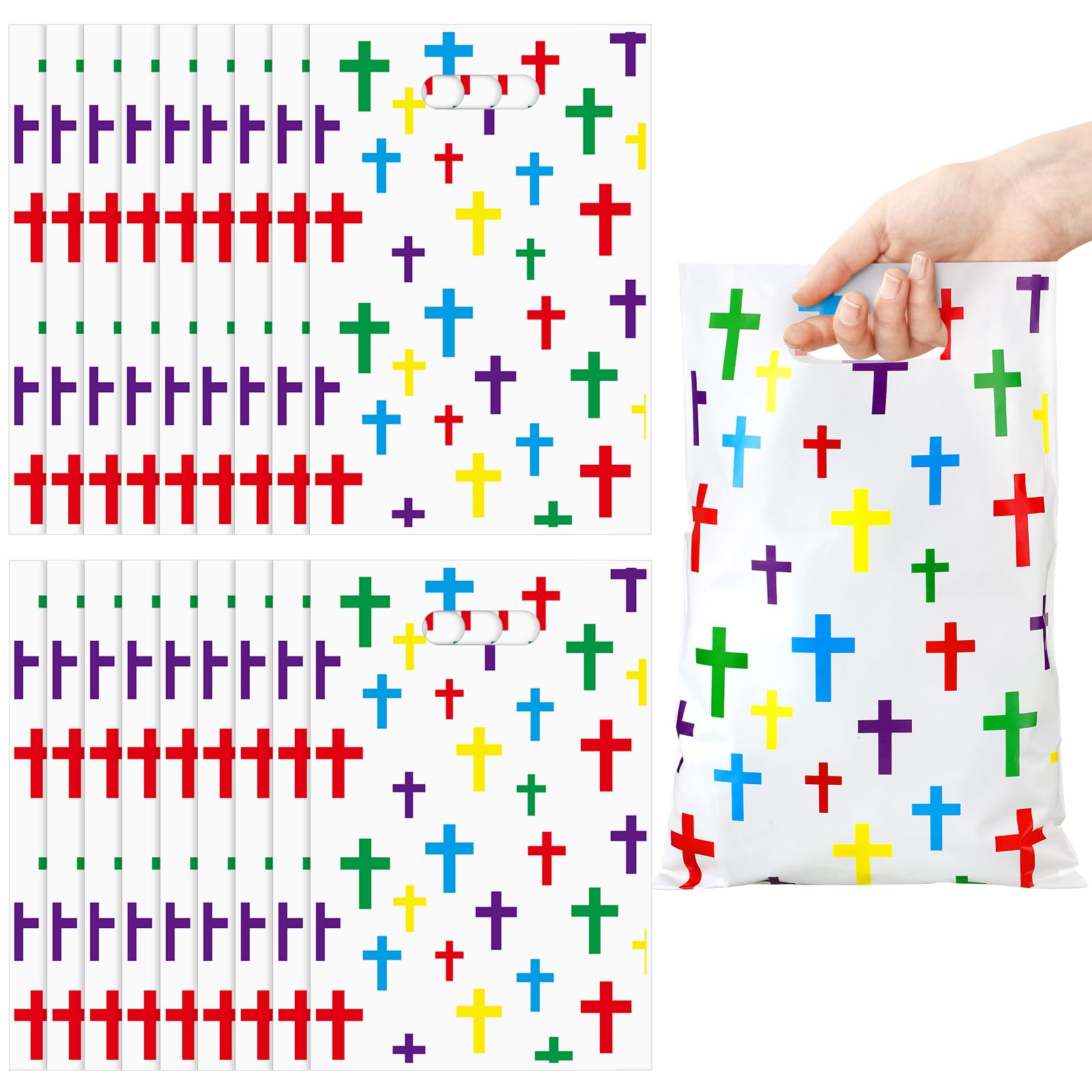 Panelee 50 Pcs Colorful Cross Christian Plastic Goody Bags with Handles