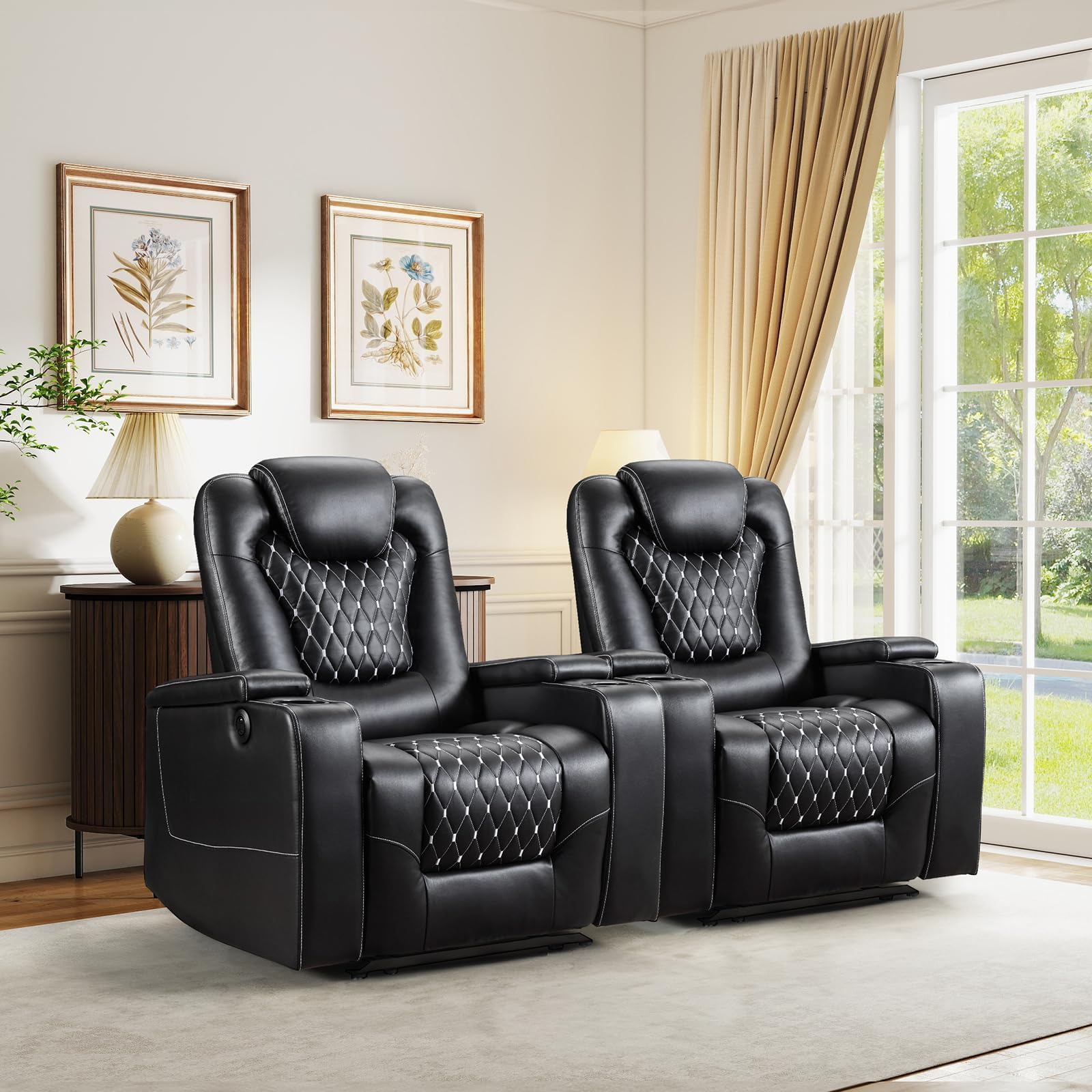 Power Recliner Chair with USB Ports and Cup Holders - Overstuffed Electric Home Theater Seating PU Leather Reclining Furniture with Hidden Arm Storage, Easy to Clean (Set of 2, Black)