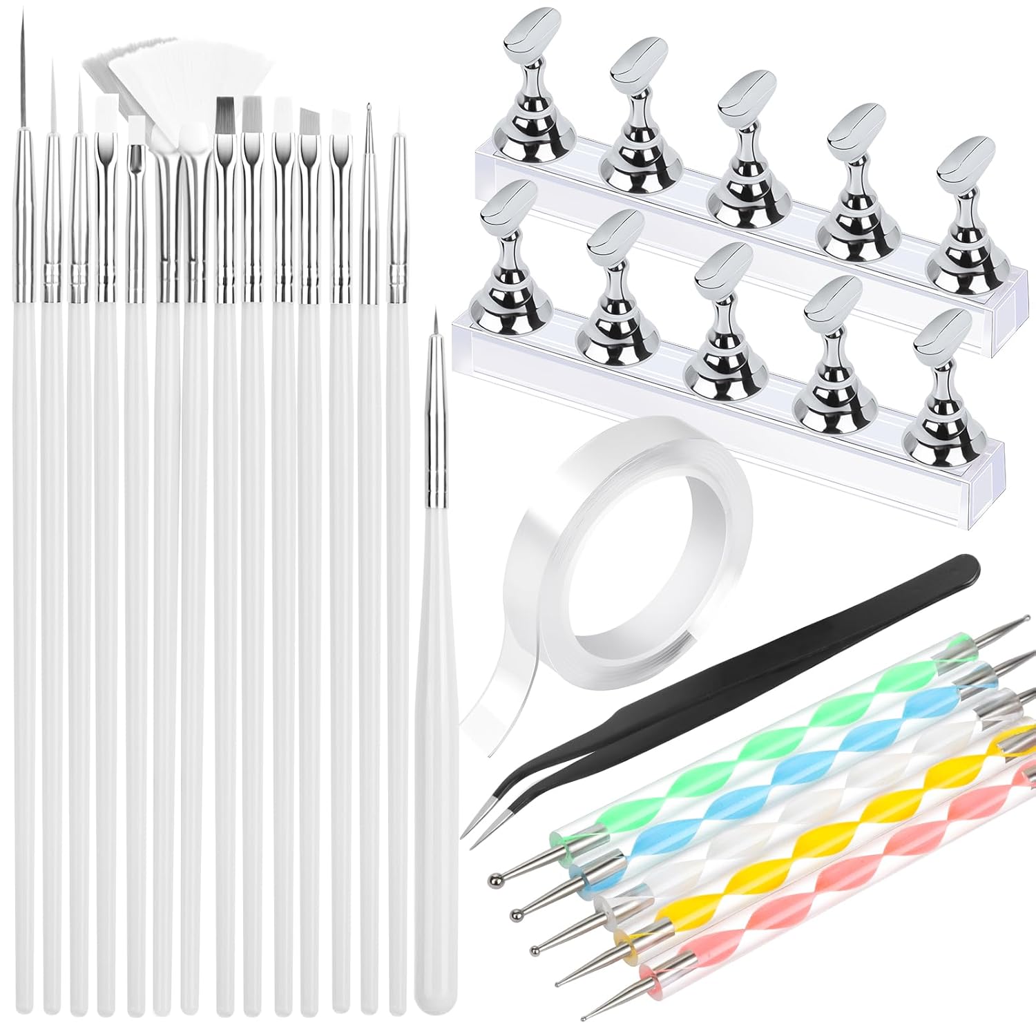 FANDAMEI Nail Art Tools, Nail Brush, 15 PCS Nail Art Brushes, 5 PCS Nail Dotting Tool, Nail Stand, Nail Holder For Painting Nails, Press On Nail Stand, Nail Tools, Nail Design Tools