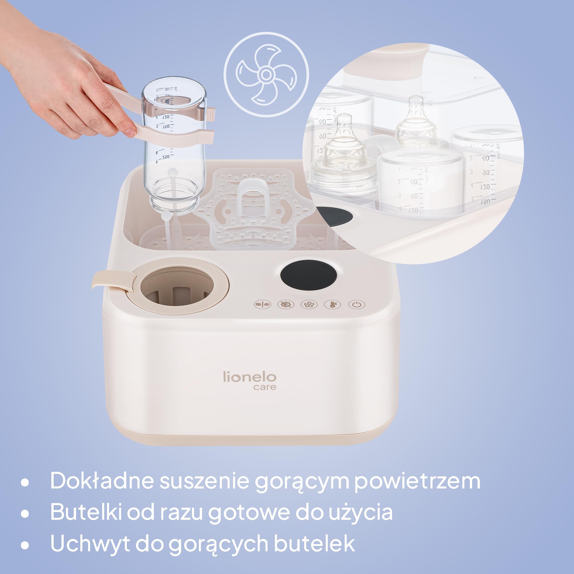 Lionelo SteamUp sterylizator 3 w 1 do butelek dla niemowląt z suszarką i ogrzewaczem butelek dla niemowląt, sterylizator parowy na 4 butelki, 99,99% redukcja zarazków, panel dotykowy, automatyczne