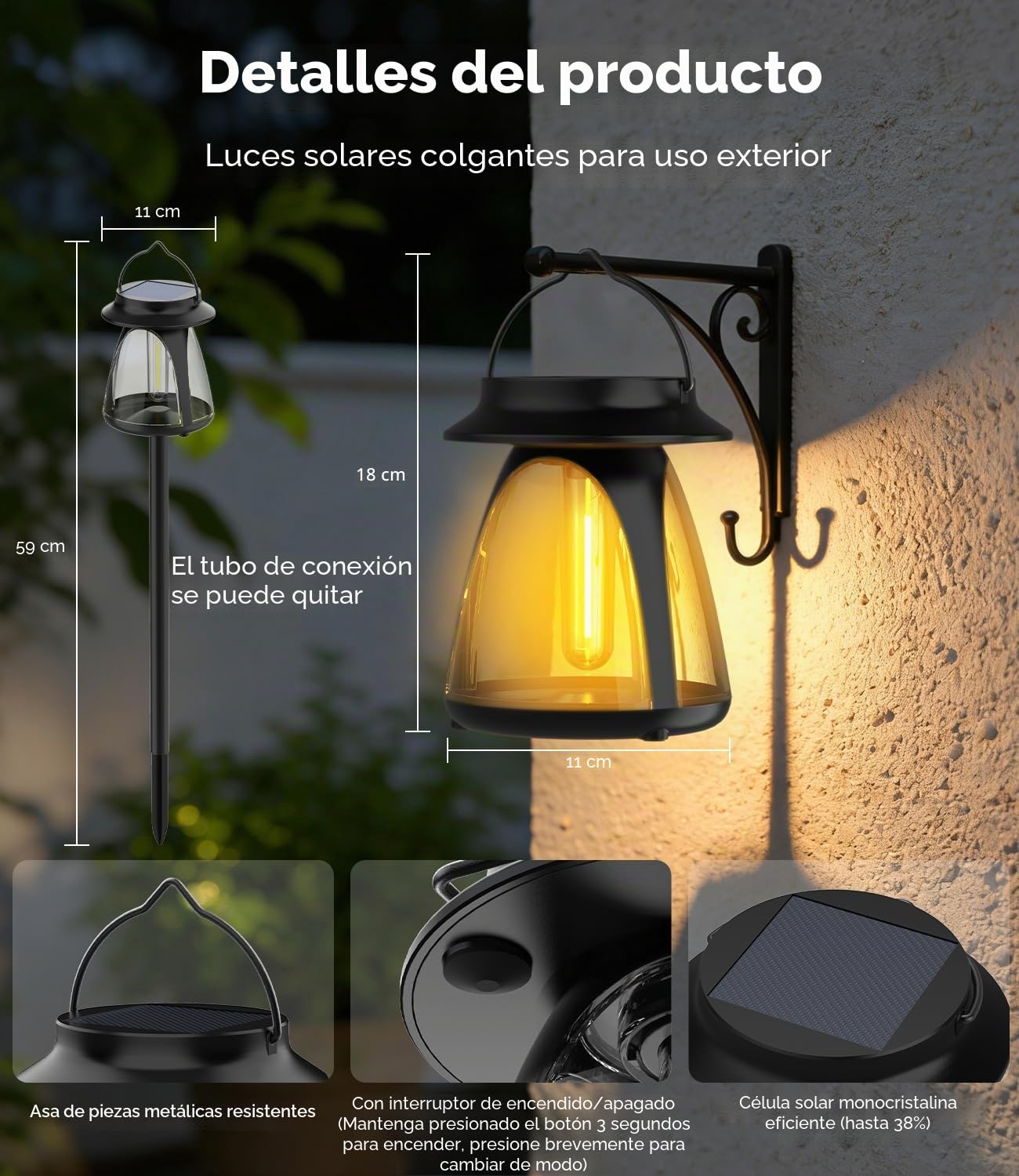 Luces Solares Exterior Suelo 2 Piezas, Luces Tradicionales de Tungsteno Blanco Cálido de 2700K, IP65 Impermeable Luz Solar Exterior Jardin para Patio, Calzada, Césped, Camino, Terraza