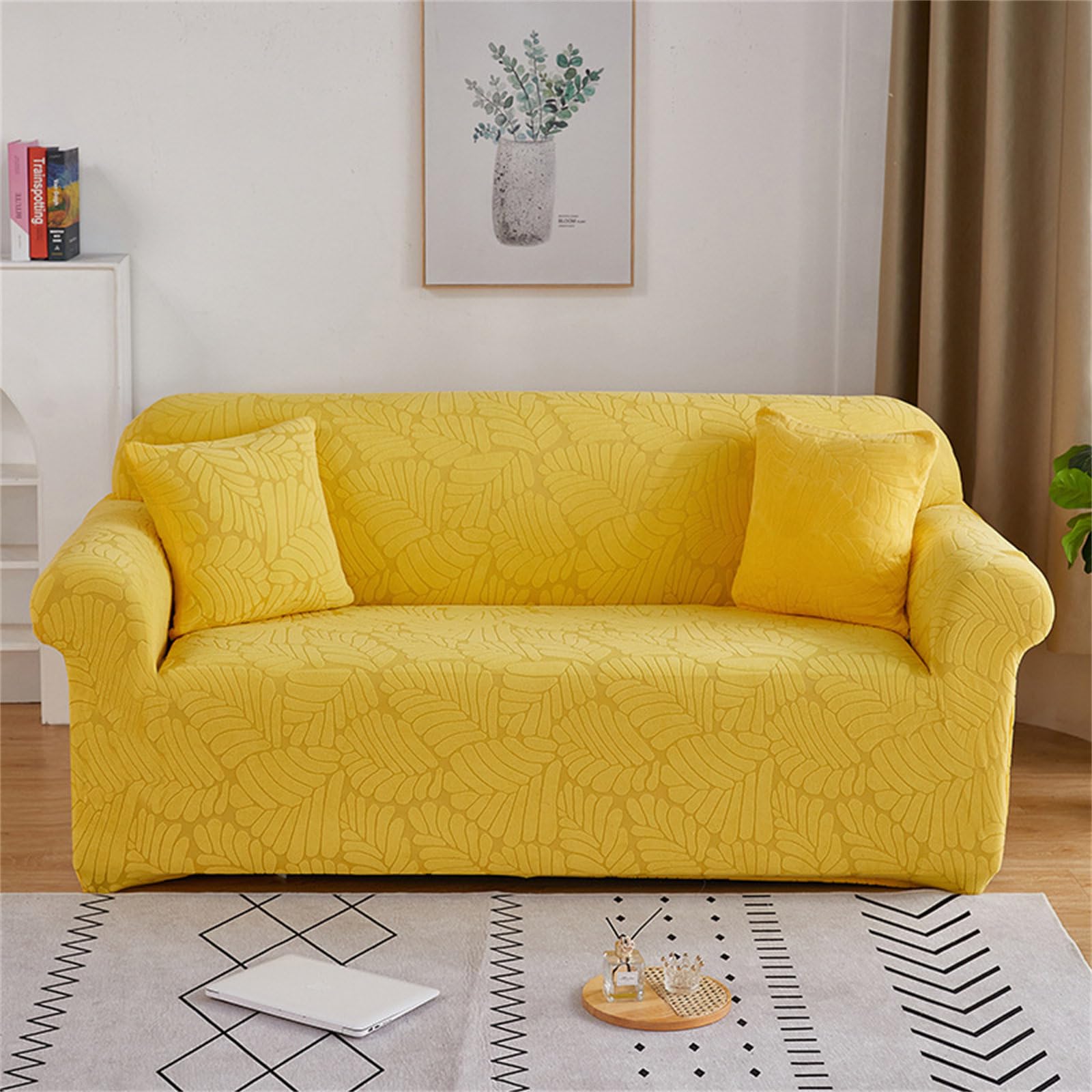 Housse canapé extensible 4 places jaune épaisse et respirante pour grand canapé en L