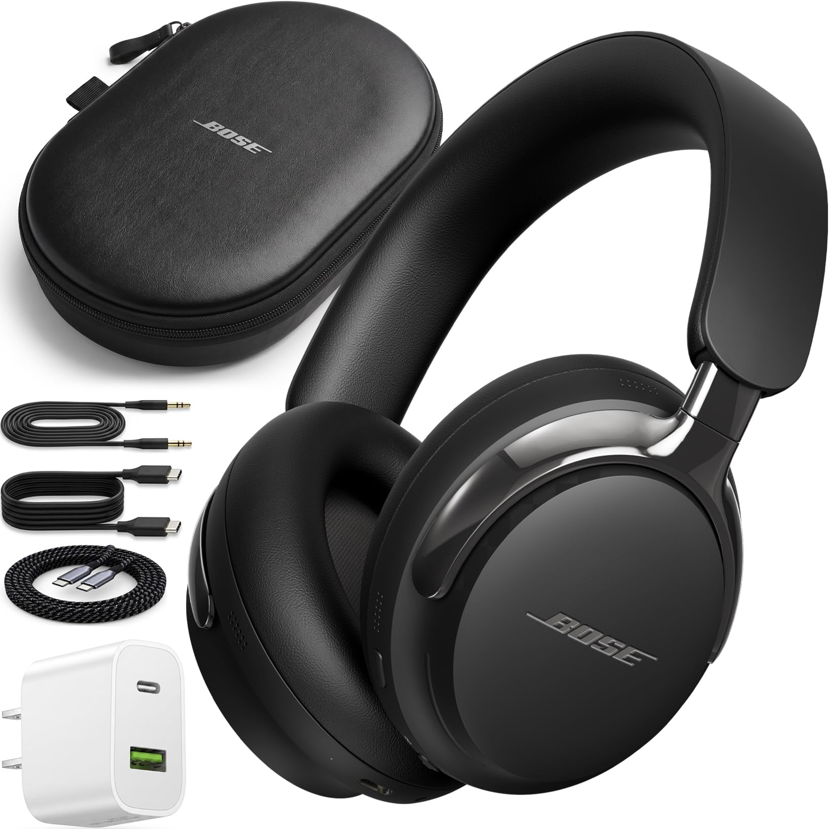 QuietComfort Ultra Headphones 2nd Gen Over-Ear Wireless Power Bundle | Black, Active Noise Cancelling, 890101-0100, Bluetooth 5.4 with Case + Deco Essentials Dual USB-C Charger & Braided Cable