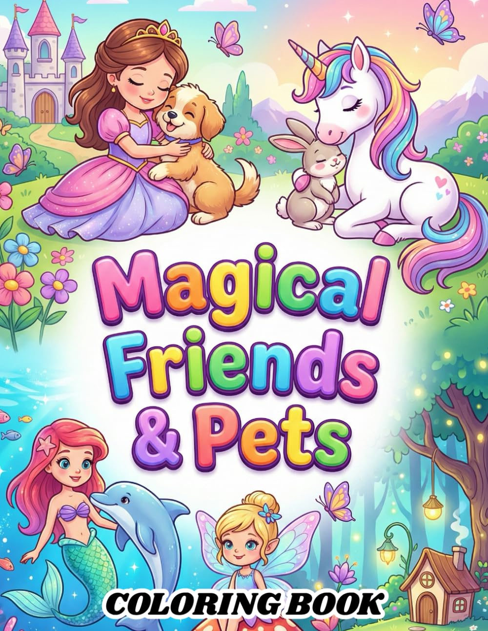 Magical Friends & Pets Coloring Book: Princesses, Unicorns, Mermaids, and Fairies with Adorable Animals | 50 Cute Coloring Pages for Kids Ages 4-8