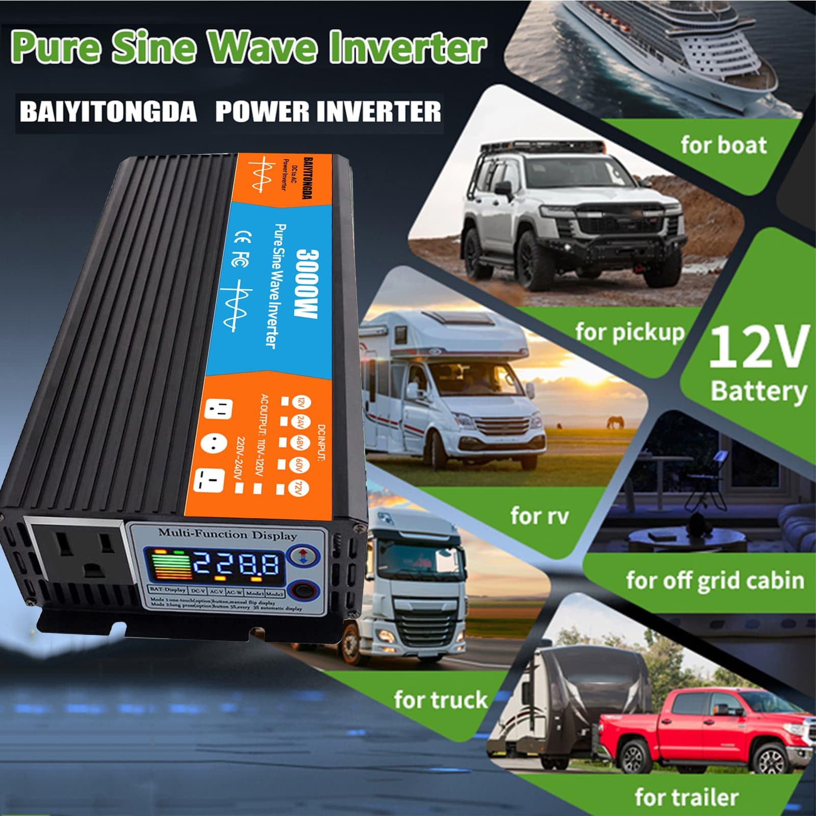 Inversor de onda sinusoidal pura de 3000W, convertidor de 12 V, 24 V, 48 V, 60 V, 72 V CC a 120 V, 230 V CA, para camiones, casas rodantes y sistemas solares fuera de la red,72V to 230V 50Hz