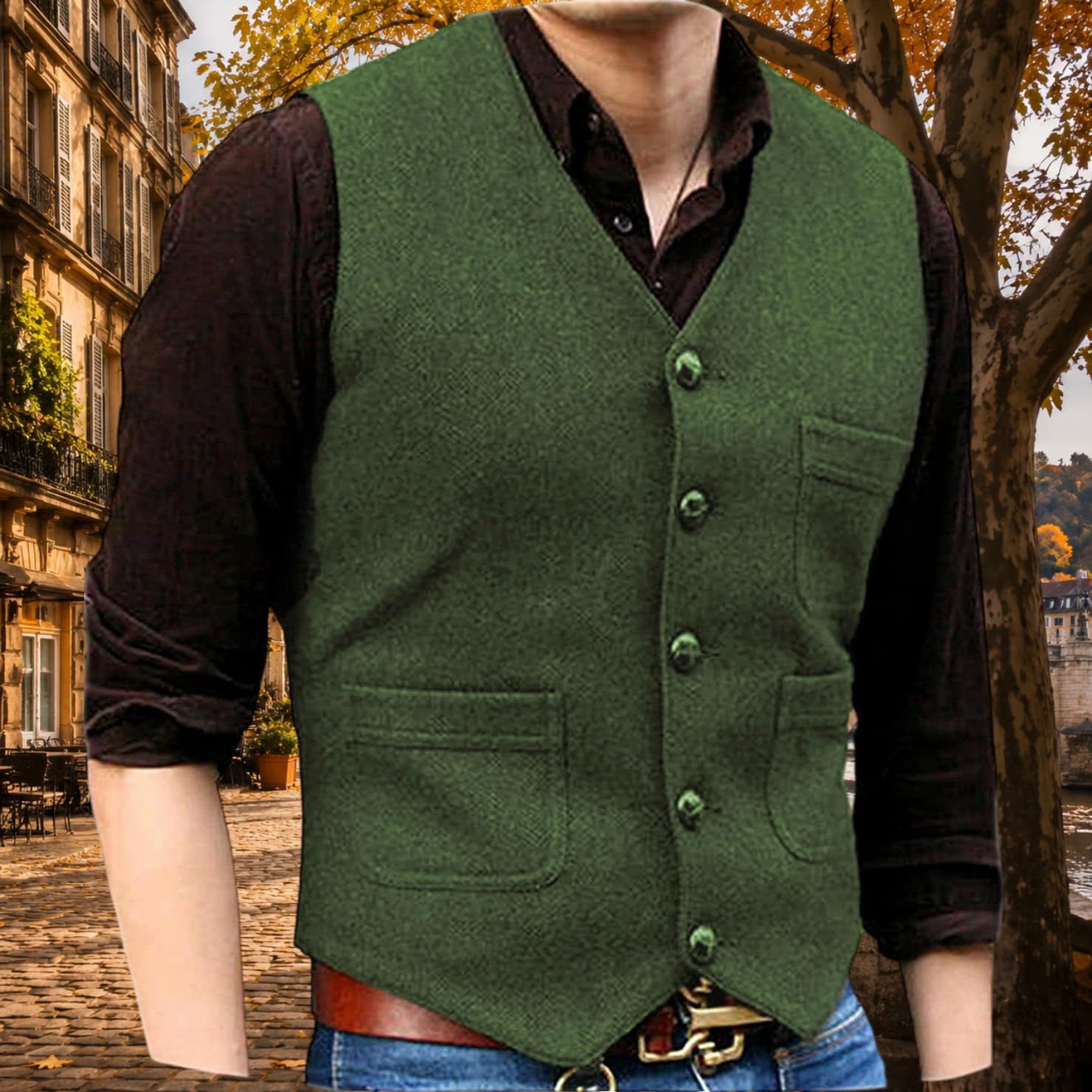 Generico Gilet Da Uomo A Spina Di Pesce Con 5 Bottoni, Scollo A V, In Tweed, Con Tasche, Giacca Casual Vintage Senza Maniche Per Matrimoni, Feste E Oktoberfest.