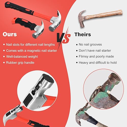 Miniatura 4 de Upgrades - Juego de martillo de garra de 16 y 8 onzas con soporte magnético para uñas, agarre antideslizante, ranuras dobles para uñas, mango