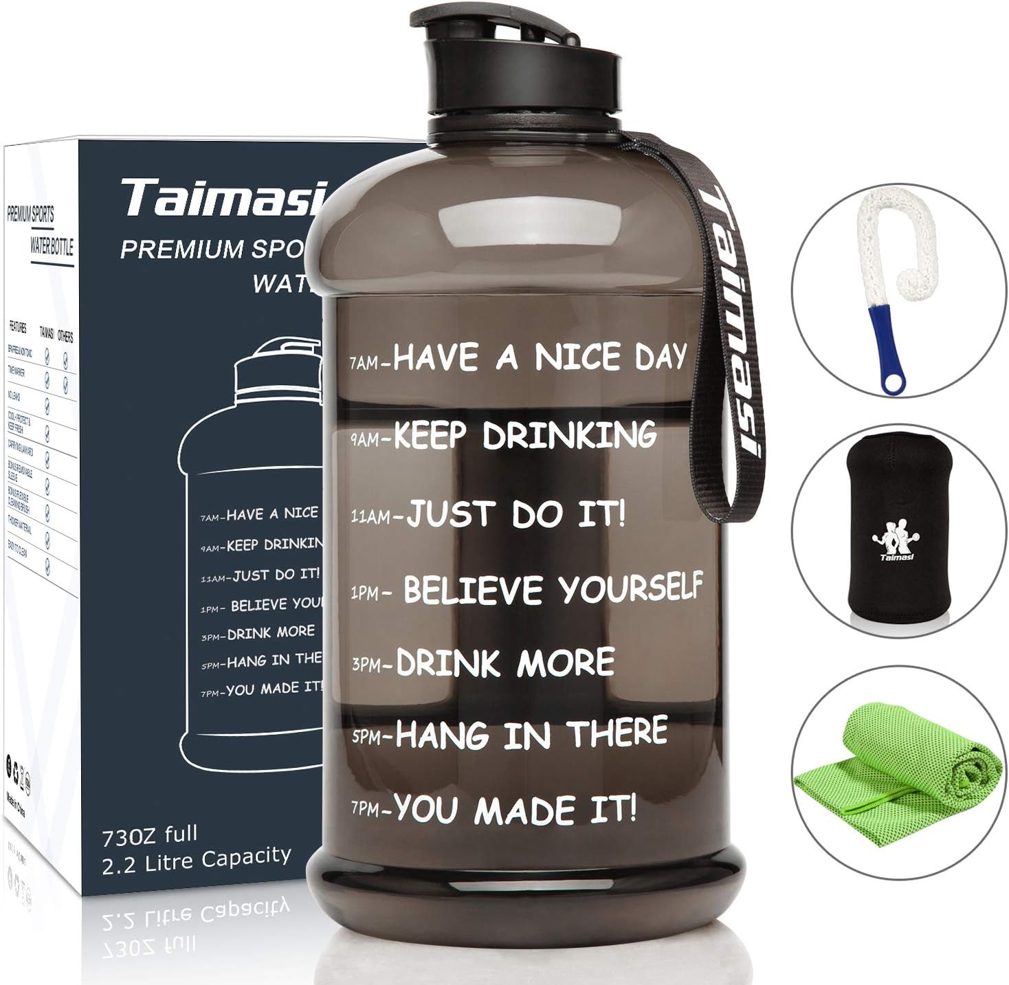 2.2L/73oz Water Bottle With Time Marker, Large Sports Water bottle Water Jug with Sleeve & Cleaning Brushes & Cooling Towel, Reusable Leak Proof Motivational Water Bottle for GYM Fitness Camping