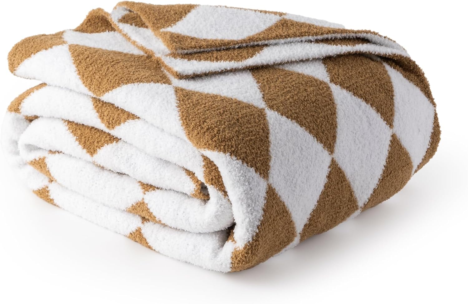 Battilo Caramel Checkered Throw Blanket for Home Decor, Cozy Fluffy Plaid Throw, Chenille Knitted Throw Blanket for Couch Bed, 50"x70"