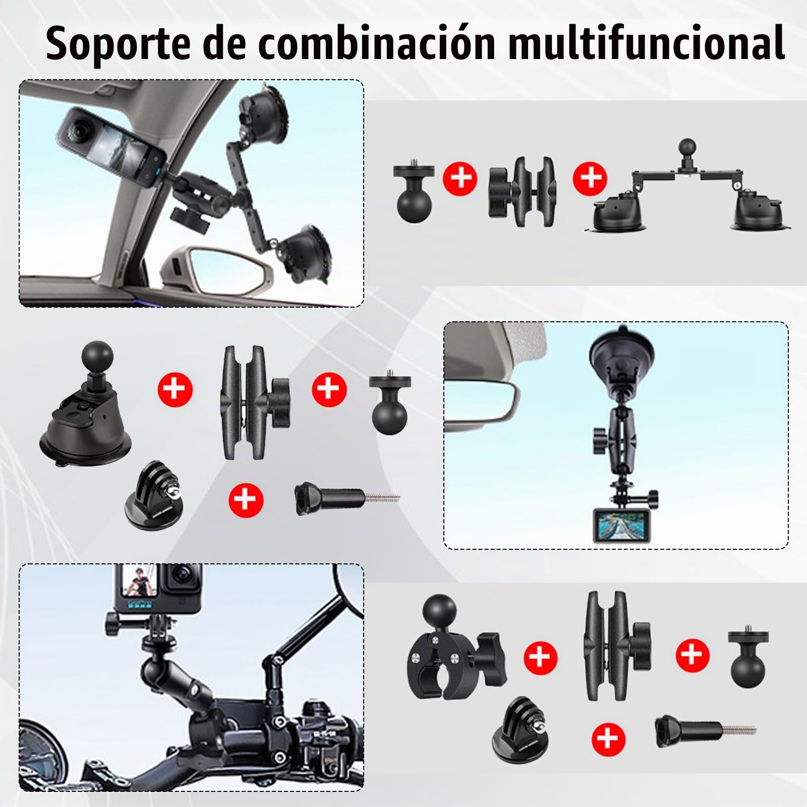 Juego De Soporte para Coche con Triple Ventosa, Soporte para Coche con Triple Ventosa Y Abrazadera para Cámara De AccióN Insta360 Gopro Akaso, Soporte para CáMara con Brazo MáGico Y Palo