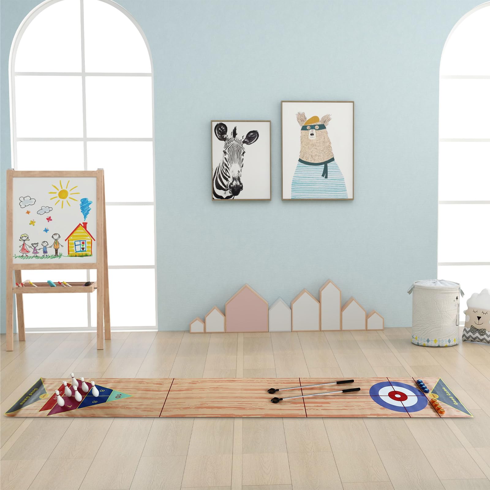 3 in 1 Curling Spiel, Tisch Spiele mit 8 Shuffleboards + 6 Bowlingflaschen + Curling Kombi + 2 Putter Faltbarer Bahnmatte Eisstockschießen Tisch Curling für Kinder & Erwachsene