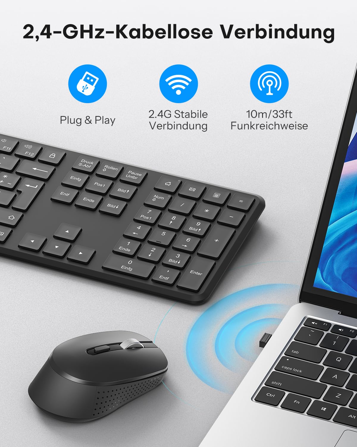 OMOTON Tastatur Maus Set Kabellos, Funktastatur und Maus 2,4 GHz in Voller Größe, QWERTZ Deutsches Kabellose Tastatur mit Maus für Windows 11/10/8/7, Desktop, PC, Laptop (Batteriebetrieben), Schwarz