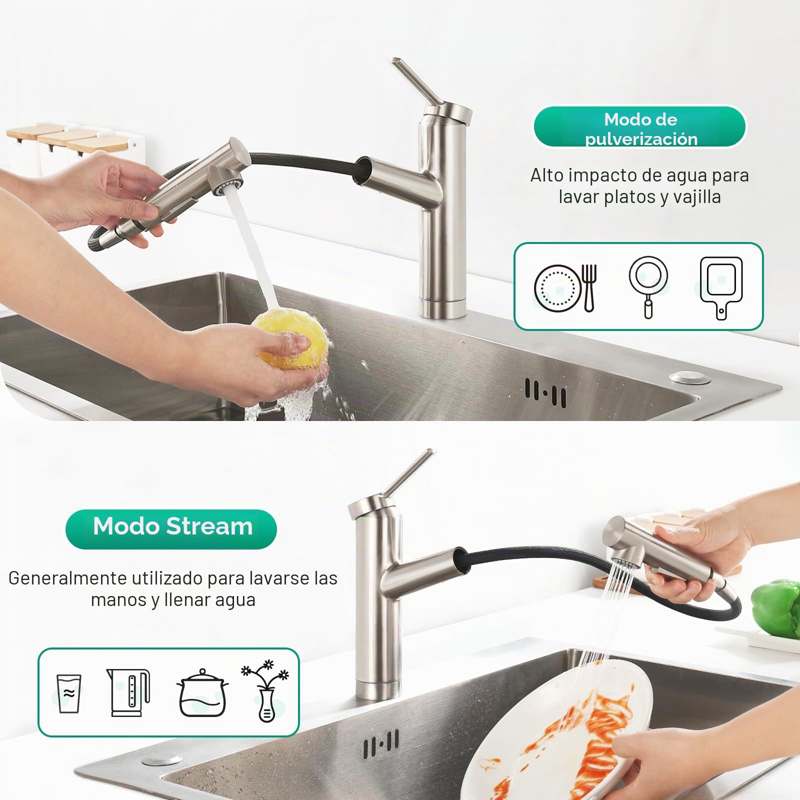 CREA Grifo Cocina Extraible, Grifo de Cocina con 2 Modos de Ducha, Grifo para Fregadero Giratorio a 120°, Grifo Mezclador Cocina con Ducha Extraíble,Acero inoxidable