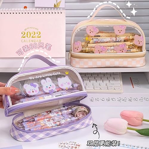 Miniatura 6 de JHTPSLR Estuche grande Kawaii con correa para lápices de dibujos animados, estuche transparente de doble capa, estuche grande para lápices,
