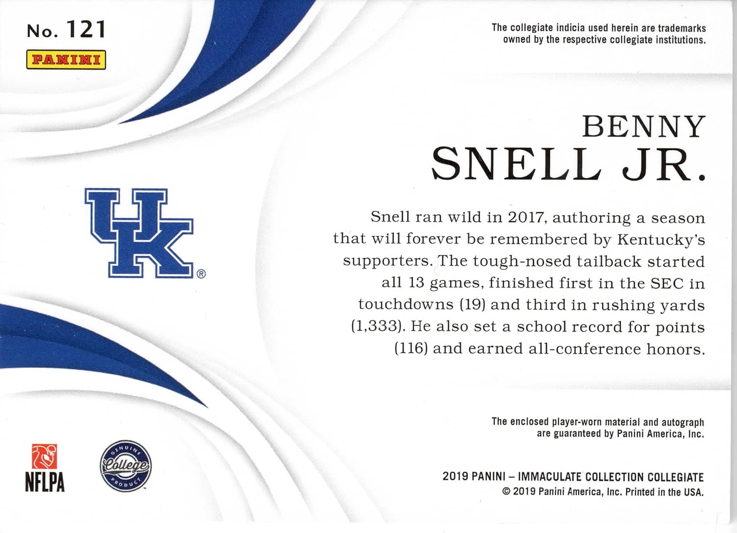 Benny Snell Jr. Serial Numbered # 62/99 Autographed Immaculate Signature Patches Card RPA Auto Collectible Football Card - 2019 Immaculate Collection Football Card #121 (Steelers)