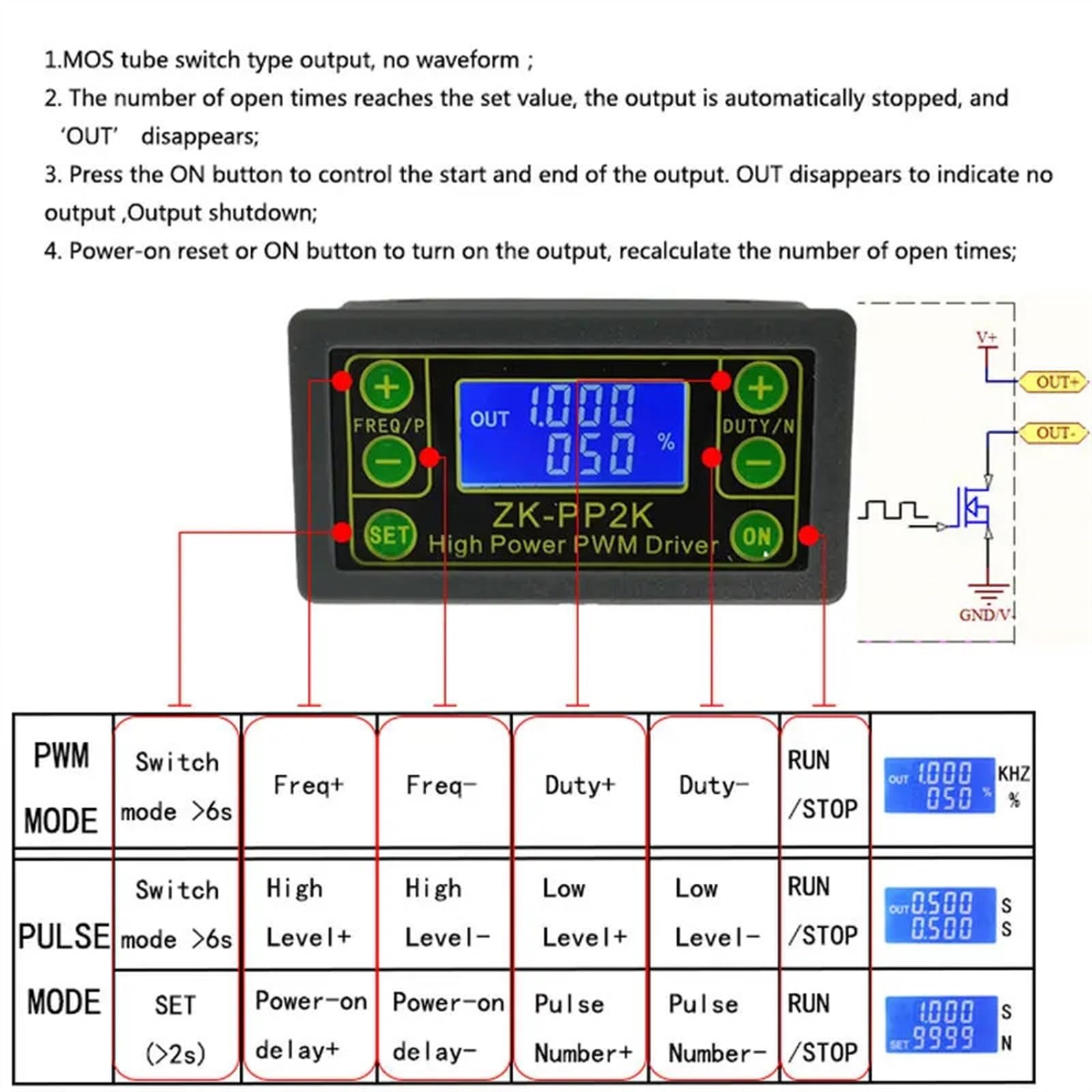 Générateur de Signal ZK-PP1K double Mode LCD PWM 1 canal 1Hz-150KHz PWM fréquence d'impulsion Cycle de service générateur d'onde carrée réglable (Color : ZK-PP1K)
