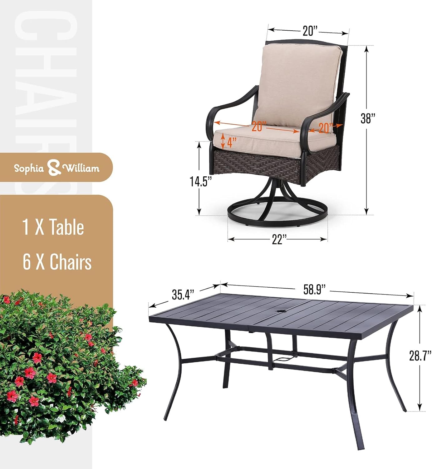 Sophia & William Patio Dining Set 7 Piece Outdoor Table Furniture Set - 6 Padded Swivel Dining Chairs and 1 Rectangular Metal Table with Umbrella Hole for Garden Deck Backyard