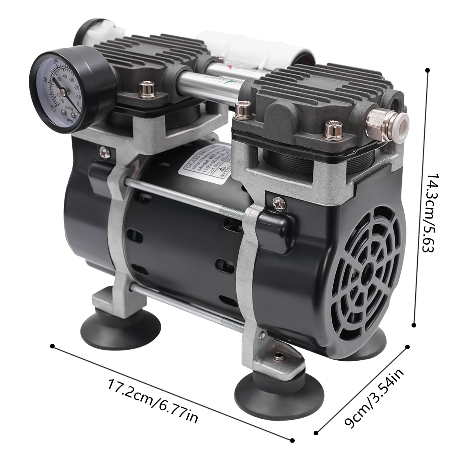 Industrial Vacuum Pump 52.8Qt/Min, Oil-Free Vacuum Pump with Silencer, Standard G1/4 Threads, Pressure Display Gauge, Low Noise, for Lab Chemistry Electronics Aquarium, 150W