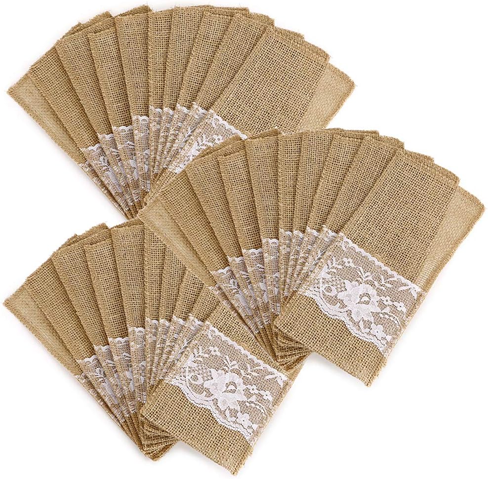 OwnMy 30 Packs Natural Burlap Tableware Utensil Holders Burlap Lace Silverware Holder Linen Knife and Forks Cutlery Pouch Bag for Vintage Rustic Wedding Party, Beige
