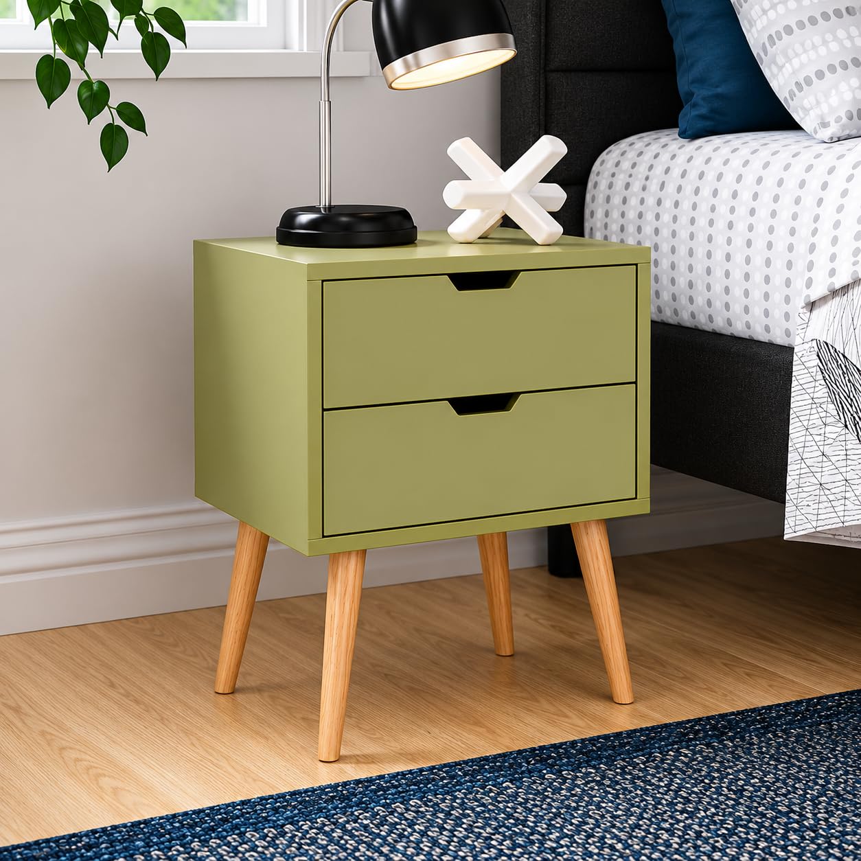 FURNIFOX Night Stand,End Table for Bed Nightstand with Drawers, Side Table with Storage, Solid Wood Table Legs,A Shaped Suitable for Small Spaces, Living Room, Bedroom, White (Green)-image-22