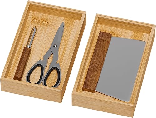 Miniatura 8 de Organizador de cajones de bambú, organizador de cubiertos pequeño para cajón de cocina, organizador apilable de utensilios, 2 unidades, organizador
