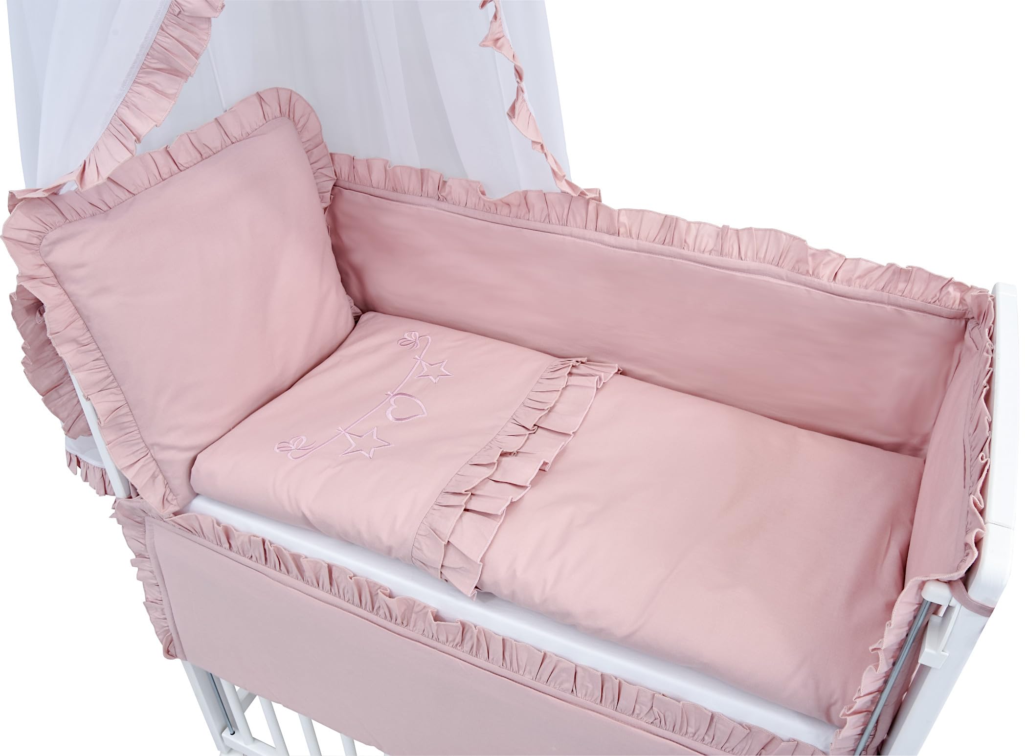 Generisch Baby Delux Beistellbett Babybett Stubenwagen weiß 90x40 mobil mit Rädern inkl. Matratze und Bettwäsche Set mehrteilig (Royal Rosa Rüsche Stickerei)