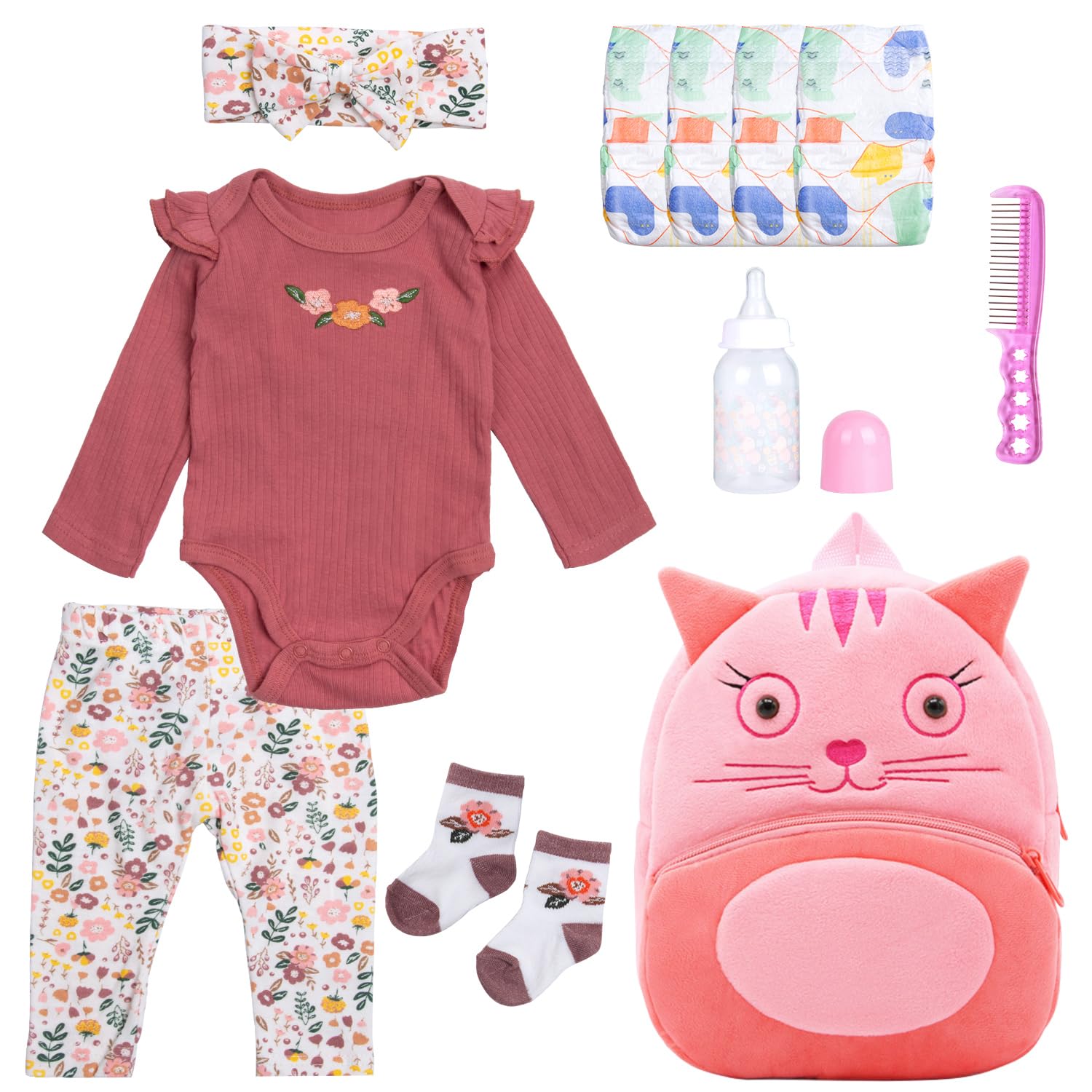 Babyfere 11 PCS Reborn Baby Doll Clothes Red Flower Design with Fox Backpack Diapers Accessories Set fit 17-22 Inch Baby Dolls Girl&Boy Reborn Doll Clothes Gift