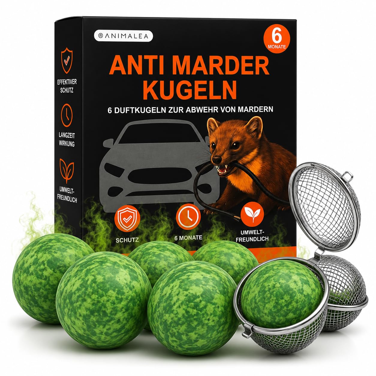 Marderschreck Auto – 6 Stück Marderkugeln inkl. 3 Schutzkorb Halterungen | Sichere Befestigung im Motorraum | Marderabwehr Auto Duftkugeln bis zu 6 Monate - Alternative zu Marderspray - Marder Abwehr