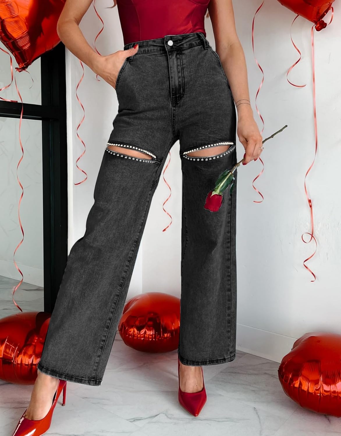 Kedera Women's Rhinestone Pearl Cut Out Jeans High Rise Straight Leg Pants with Elastic Waist Panels A-Black - Image 6