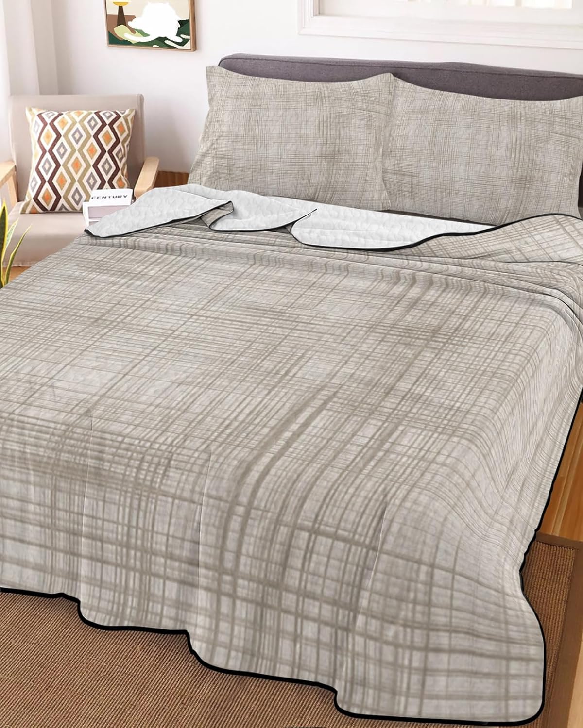 King Size Quilt Set, Farm Rustic Burlap Linen Texture Lightweight Bedspread Coverlet Set Soft Microfiber Summer Quilt with 2 Pillow Shams, Vintage Lattice Lines Stripe 3 Piece Comforter Bedding Set