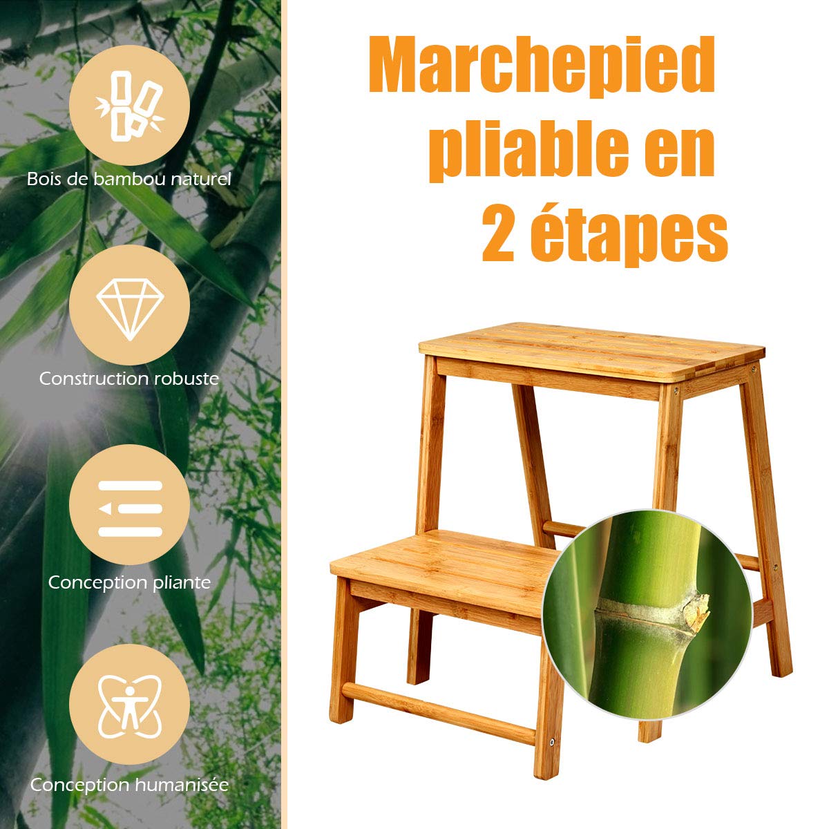 COSTWAY Marche Pied Bambou Pliant Portable à Deux Etages avec Levier Rabattable, Escabeau Tabouret Surface Antidérapante et des Bords Arrondis, Charge 150kg, 45x51x48cm (Bois)