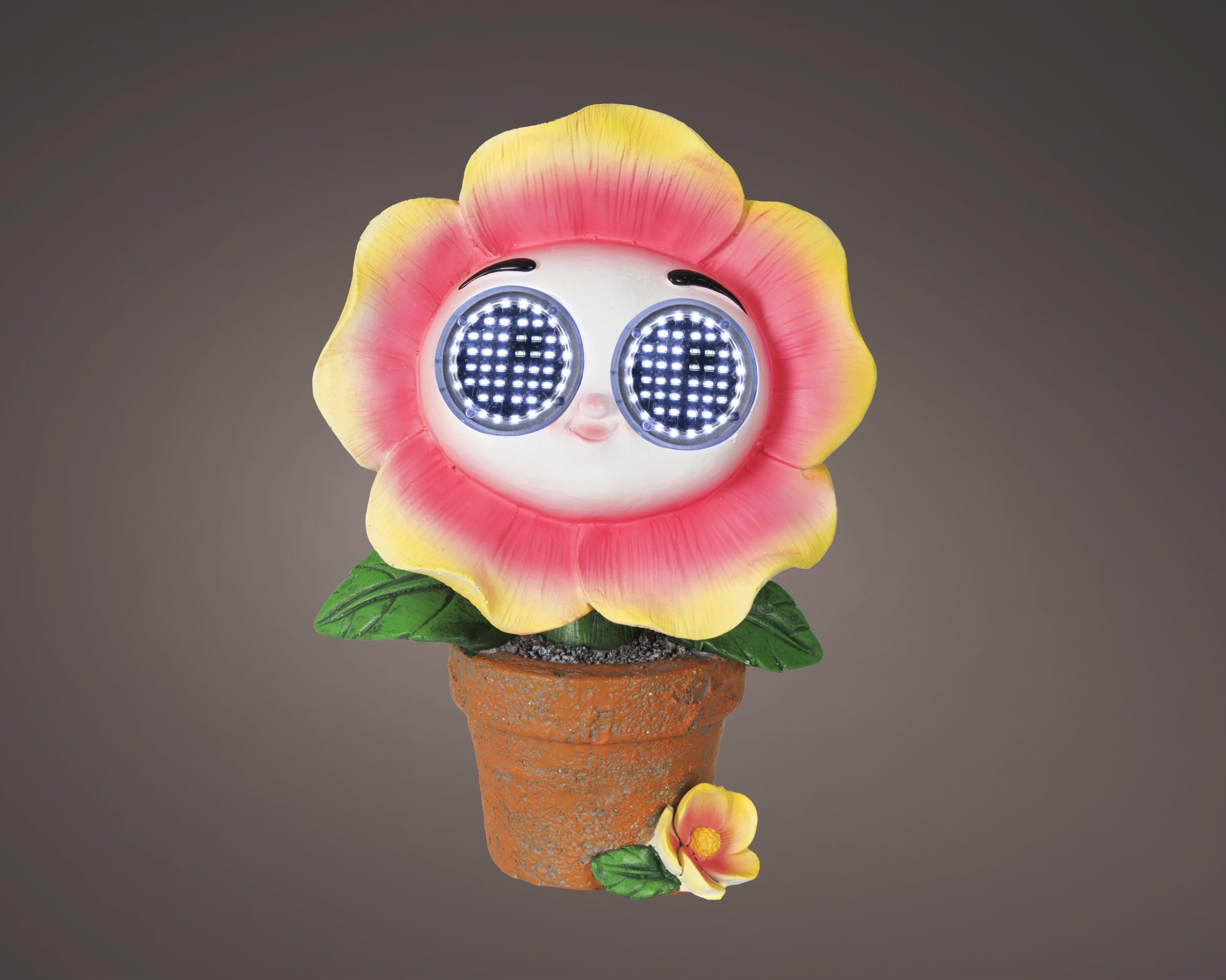 Small Flower Pot Garden Ornament Outdoor With Solar Powered LED Lights - Animated Blinking Eyes With Cool White LEDs and Automatic Light Function - Decorative Polyresin Flower Garden Statue - 20.8cm