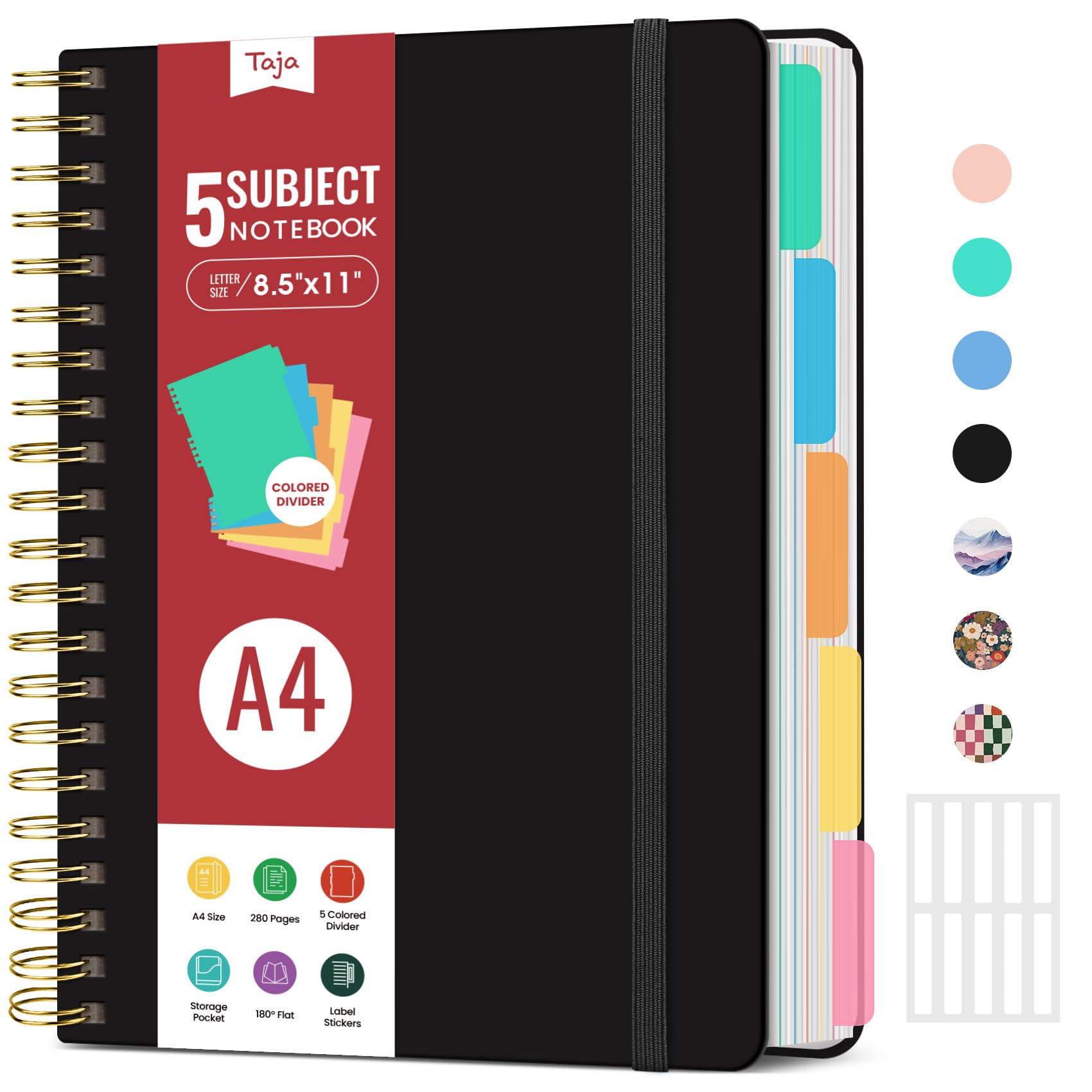 Large Spiral Lined Notebooks for Work With Removable Dividers & Tabs, 8.5"x11" Hardcover 5 Subject Notebook for Note Taking & Organizer, A4 College Ruled Journal for Women & Writing, Black, 280 PagesThe Forest Stewardship Council