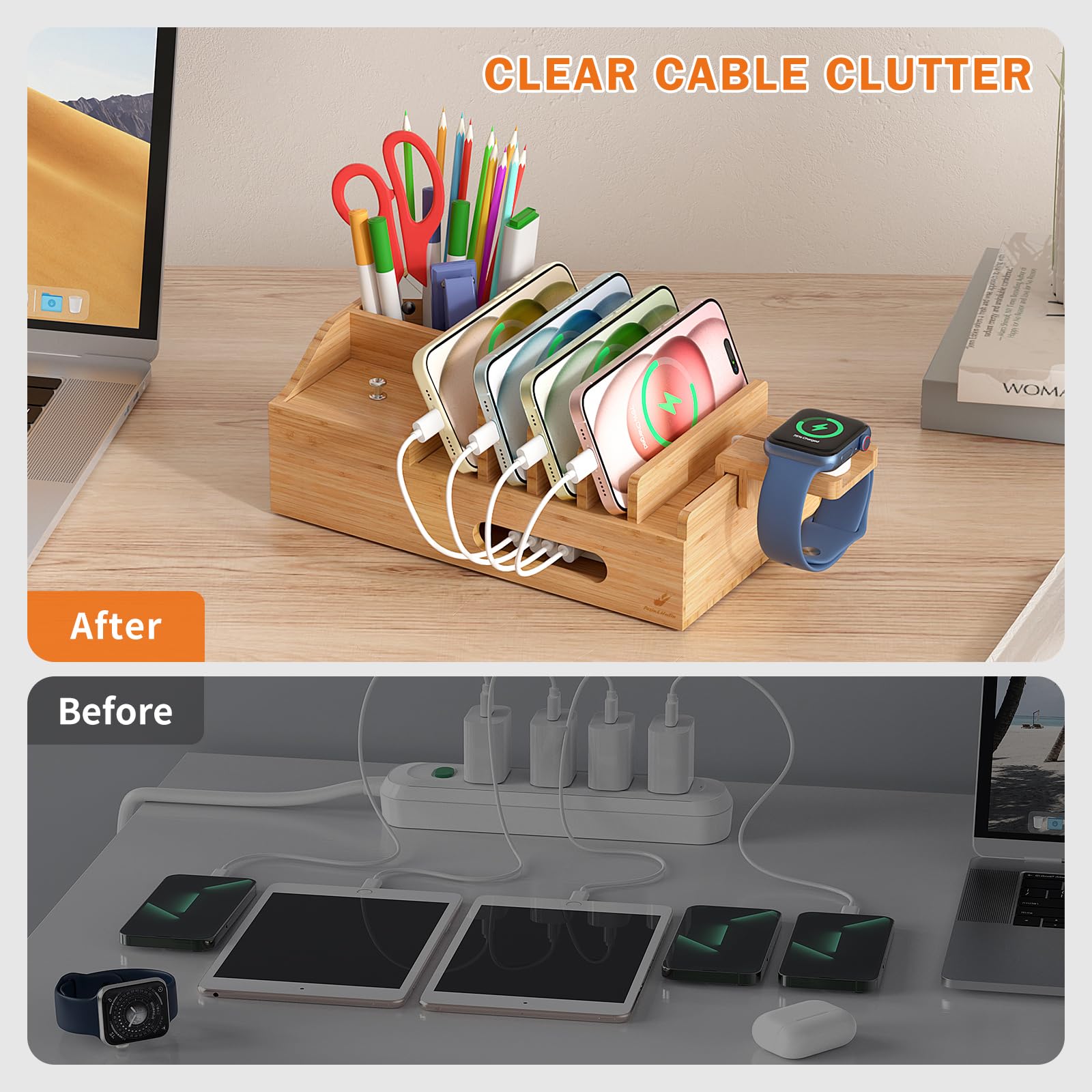 Station de charge en bambou pour plusieurs appareils avec chargeur USB 5 ports, 6 câbles de charge et support de montre intelligente. Station d'accueil de bureau en bois pour téléphone portable,