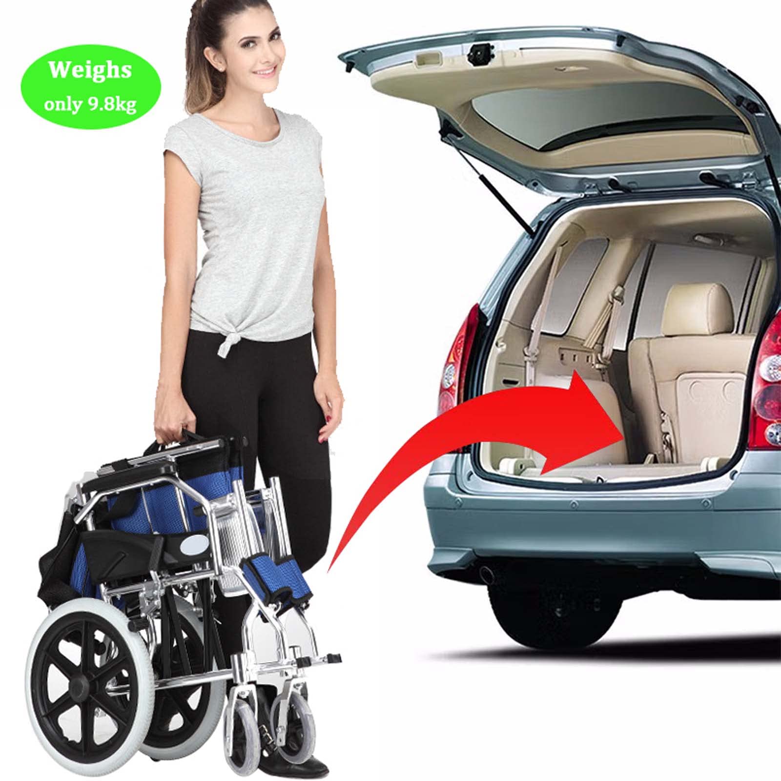 Rollstuhl - Faltbarer Transportrollstuhl, Leichtgewicht Aluminium Reise-Rollstuhl Für Senioren, Zwei Bremssysteme, Klappbare Geteilte Rückenlehne Und Fußstützen, Sicherheitsgurt,Sitzbreite 45 Cm