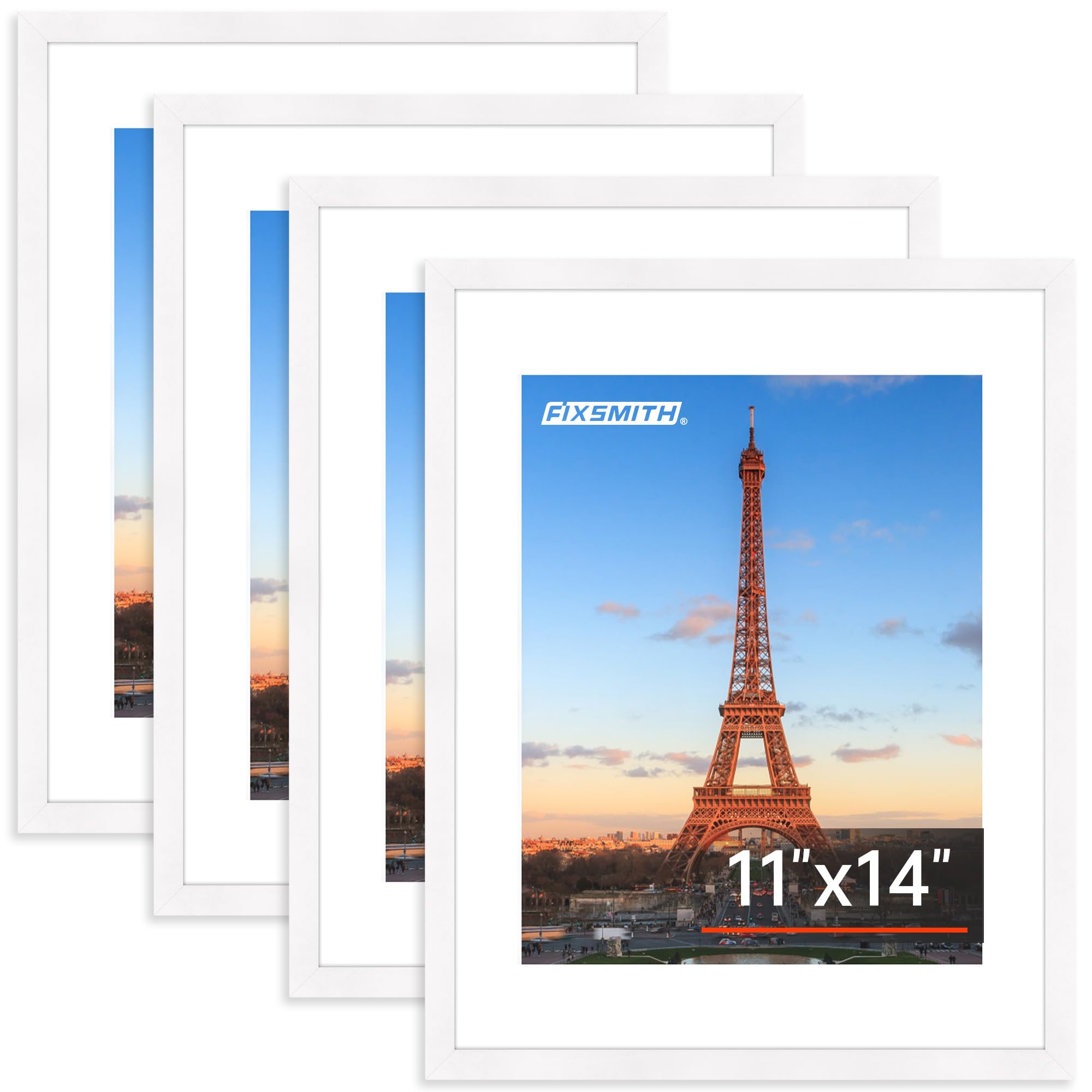 FIXSMITH 11x14 Picture Frame Bulk-4 Pack, Photo Frame with HD Plexiglass, Display Pictures 8x10 with Mat or 11x14 Without Mat, White Picture Frames