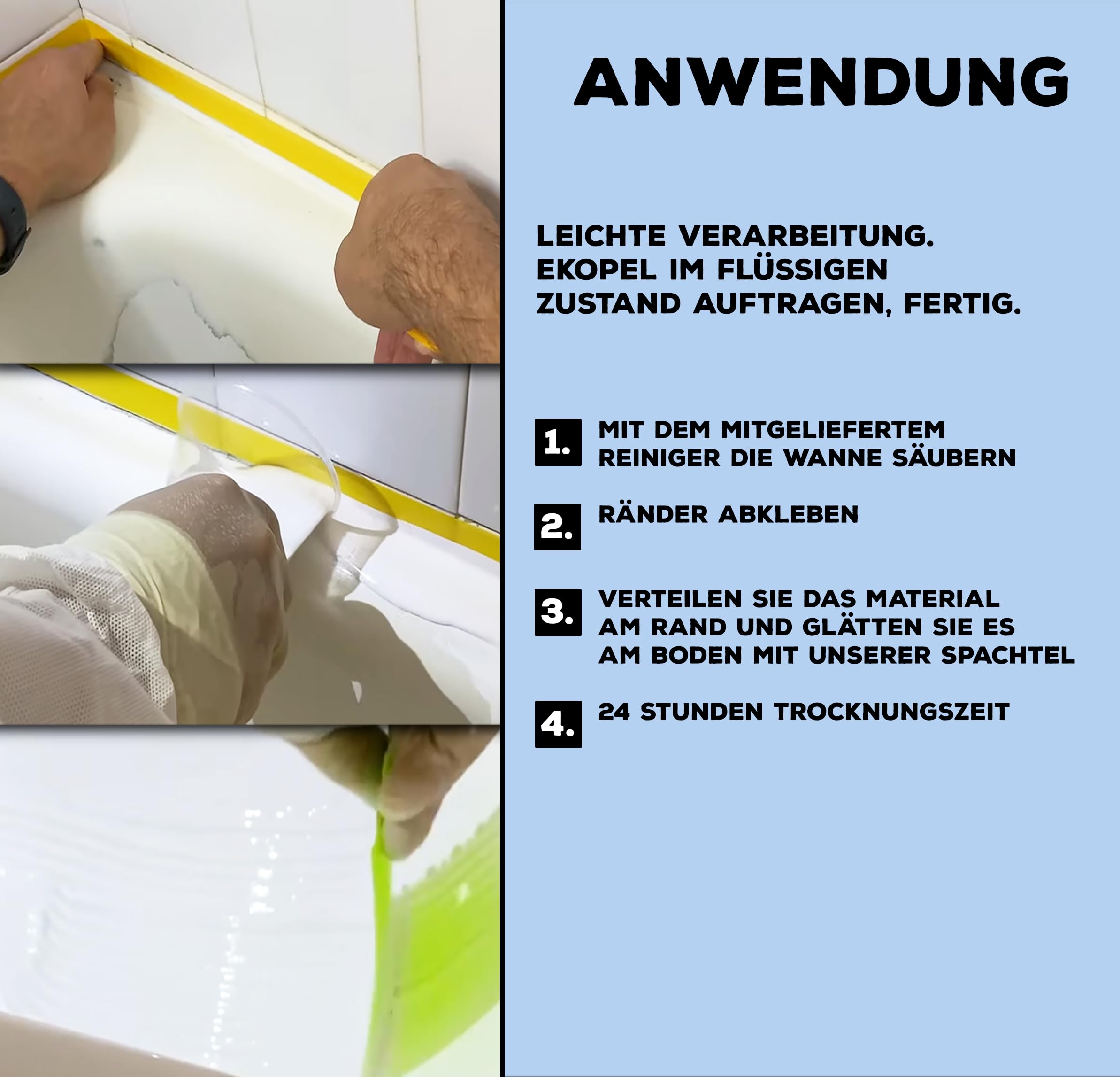 EKOPEL 2K Optimum Wasserfeste Farbe für Dusche | 24 St Härtungszeit| Badewannenlack weiß Set | Badewannen Beschichtung aus Emaille Lack | dicke Badewannenfarbe | Duschwanne bis 90x90 cm…