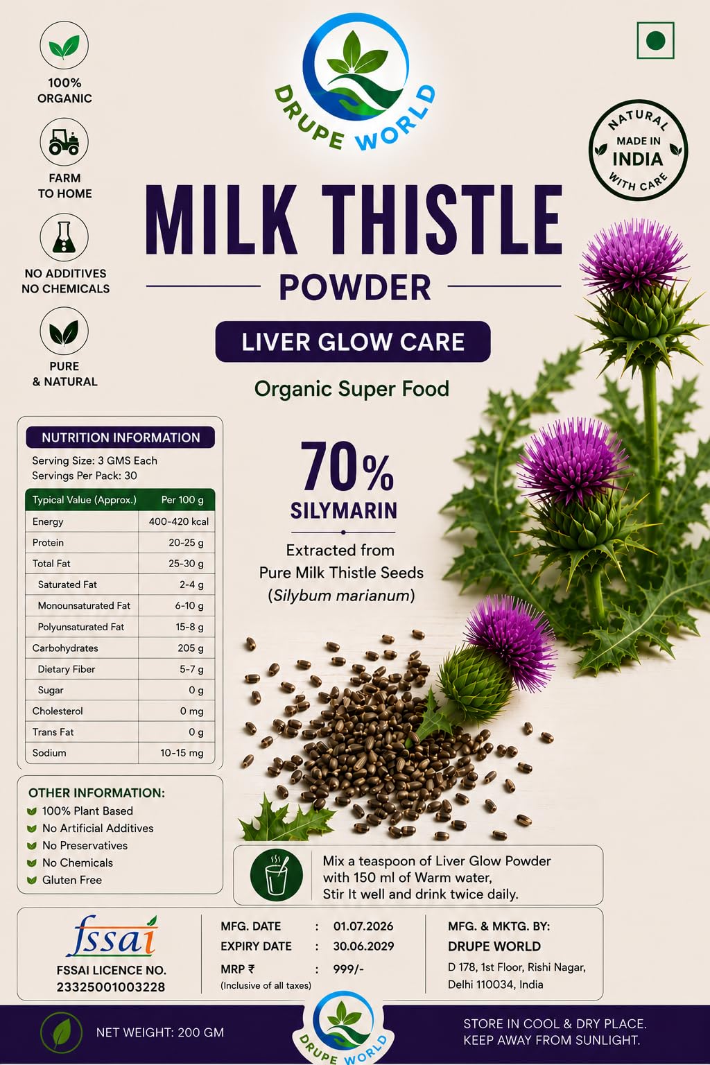 Milk Thistle Powder Liver Glow Organic Super Food - FARM to HOME - Naturally Make in India Great for Guts Health & Boost Immunity | Promotes Skin Health - Pack of 200 GM-image-3