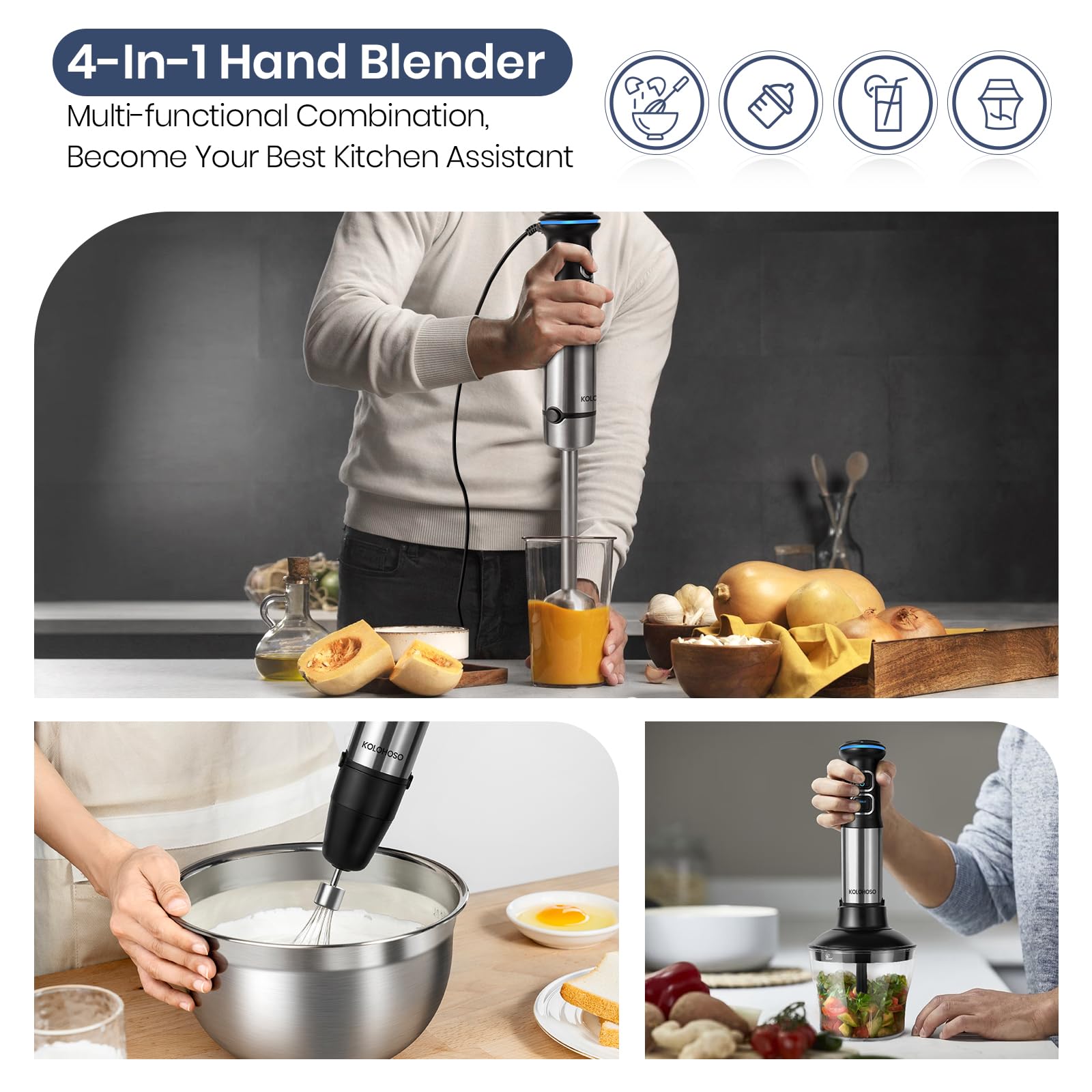 1500W Frullatore a Immersione, Kolohoso 4 in 1 Minipimer in Acciaio Inox, Multifunzione Mixer Immersione 21 Velocità Regolabili, Frullatore con Frusta, 800ml Misurino un 600ml Tritatutto, senza BPA