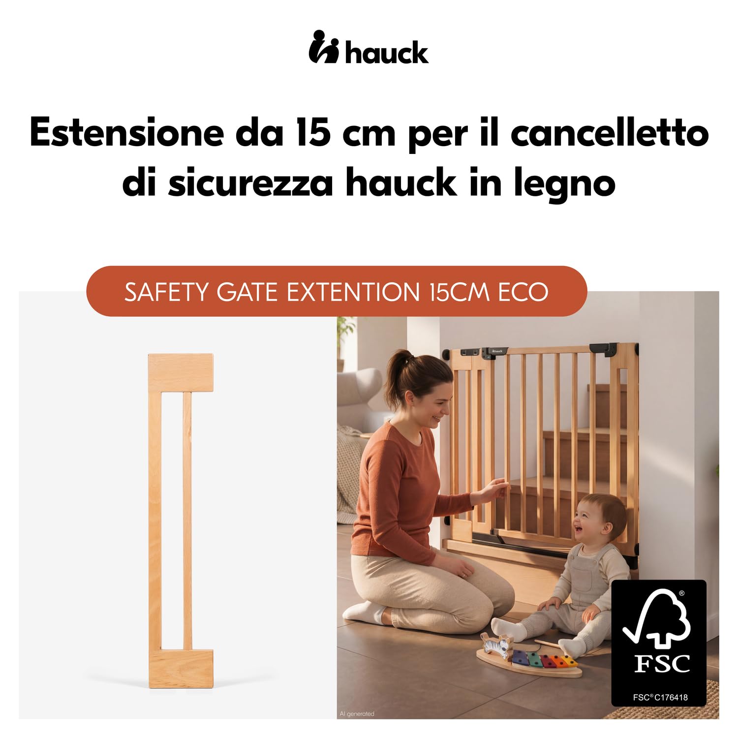 hauck Estensione da 15 cm Compatibile Cancelletto di Sicurezza Clear Step Easyclose Eco, Legno di Faggio - Accessorio per Cancellino Bambini e Cani