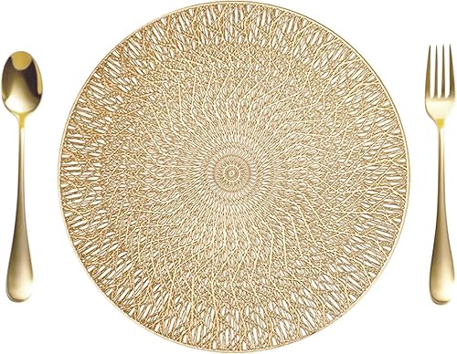 Miniatura 9 de Juego de 6 manteles individuales redondos dorados de vinilo de 15 pulgadas, manteles individuales redondos de vinilo para mesa de cocina, mesa de