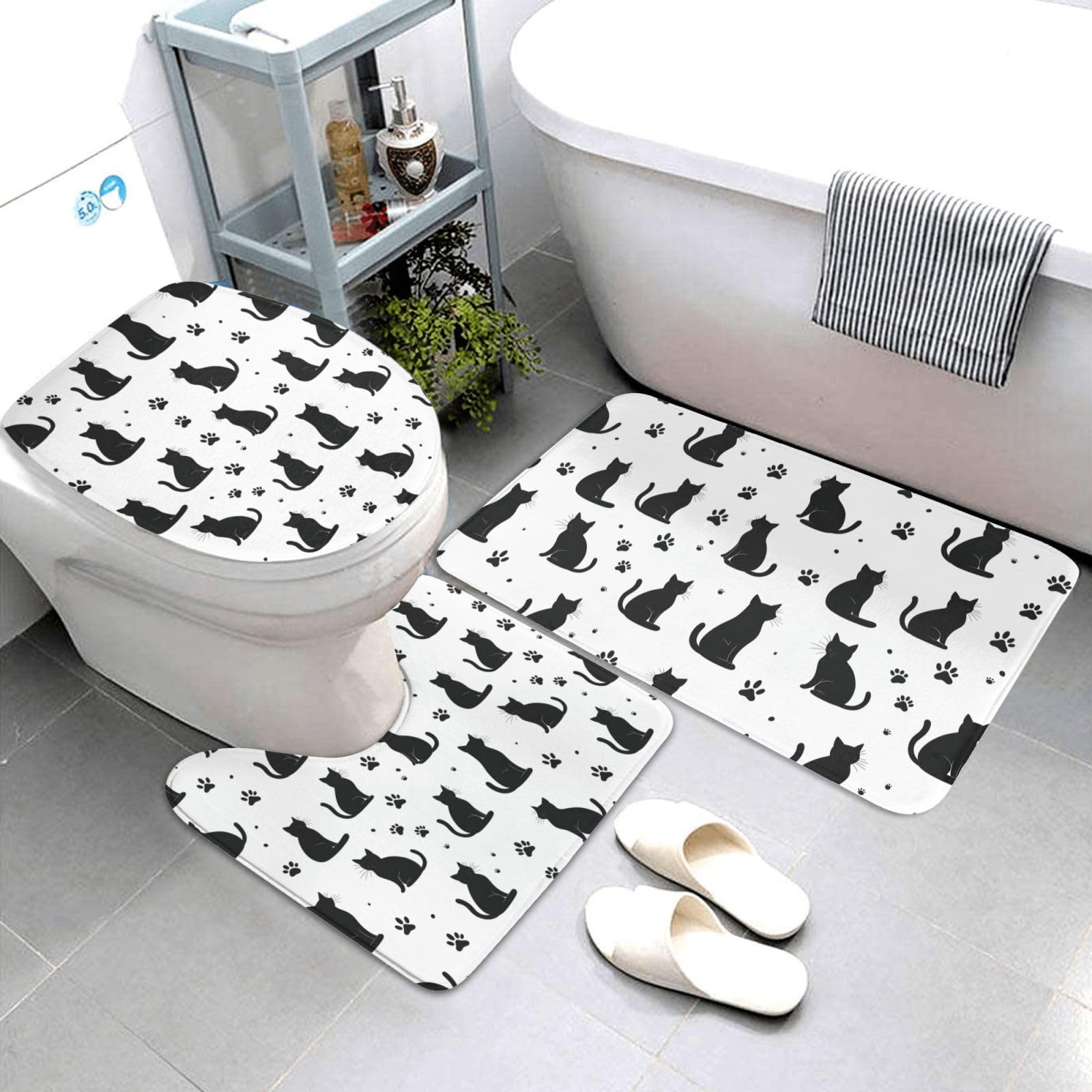 Tapis de salle de bain doux en microfibre avec tapis de contour premium motif pattes de chat