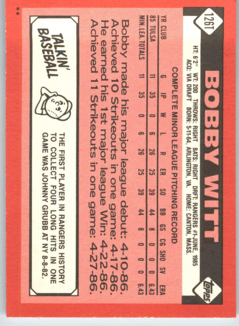 Amazon.com: 1986 Topps Traded #126T Bobby Witt NM-MT RC Rookie