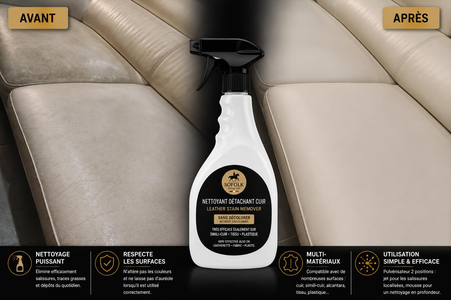 Kit Entretien Cuir Satin : Nettoyant Détachant Cuir + Vernis Satin 200ml + Huile Nourrisante 200ml