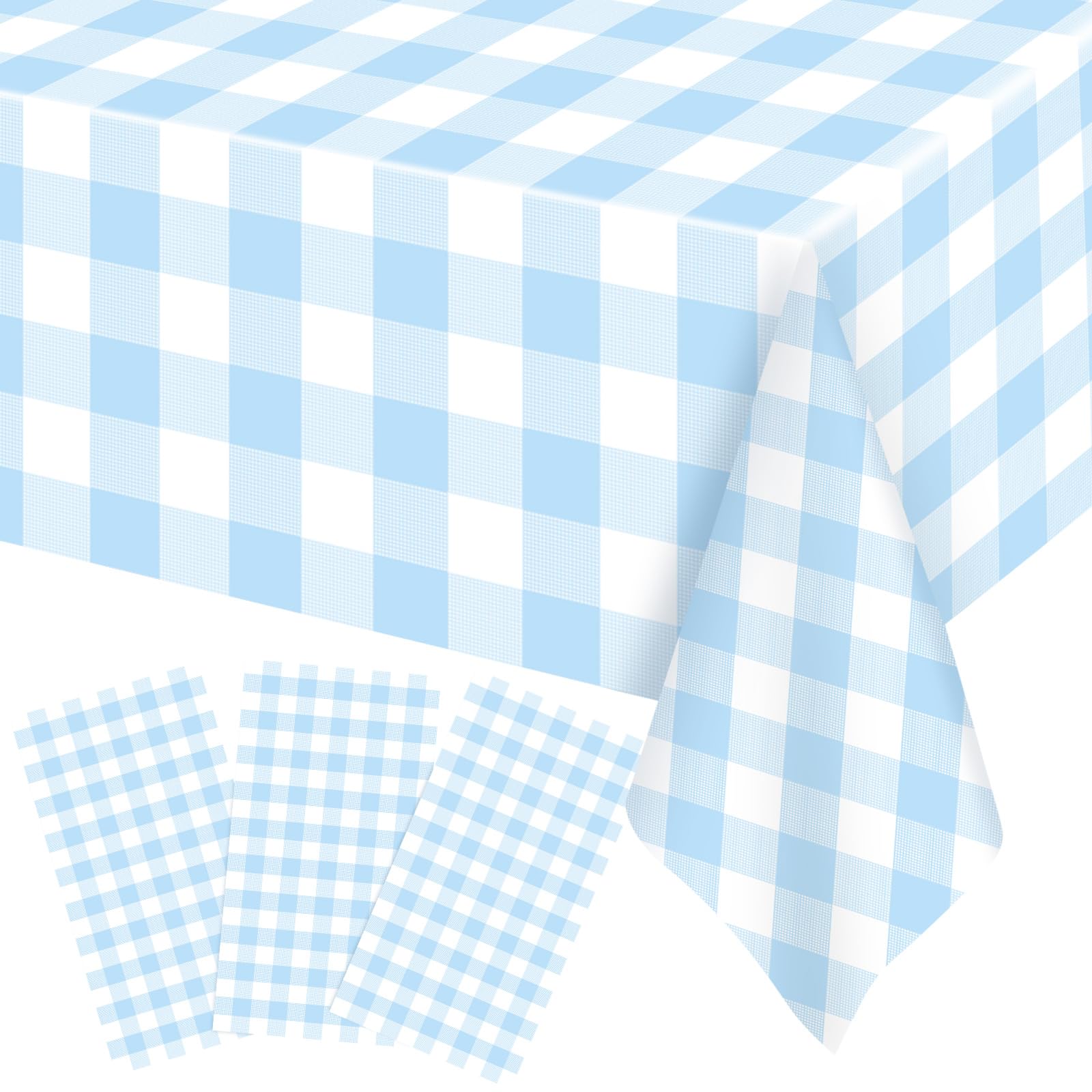 Ganeen 3 Pcs Blue and White Checkered Tablecloths Disposable Plastic Gingham Table Cloths Waterproof Rectangle Plaid Table Cover for Parties Wedding Picnic Camping Birthday Party Decor, 54 x 108 Inch